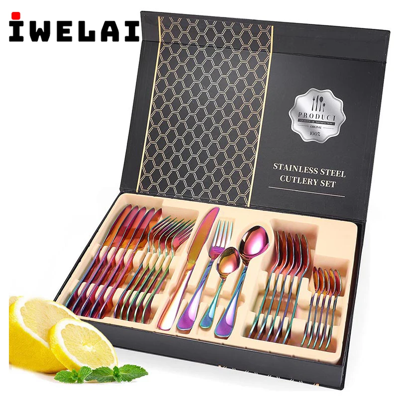 IWELAI 24 шт./компл. Подарочная коробка набор золотых столовых приборов из