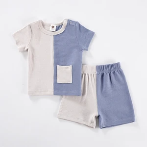 Bay clothes 2pcs set ribbed kids clothes baby boy clothes girls clothes round neck shorts two colors patches with pocket t shirt