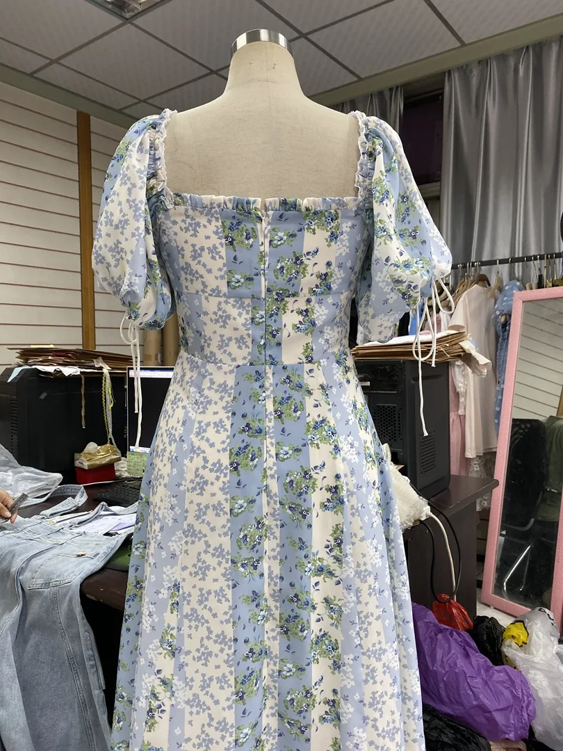 

Runway Dress Designers 2020 Women Summer Elegant Ruffles Puff Sleeve Midi Printed Chiffon Dress