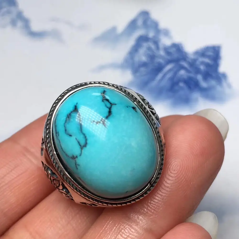 Регулируемое кольцо с кристаллом естественный бирюзово зеленый из серебра 925