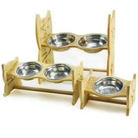 cat smiling face bamboo cat and dog bowl feeding rack overhead adjustable pet cat and dog feeding bowl rack stainless steel bowl
