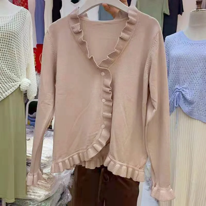 

women knitted cardigans sweet ruffle buttons single breasted long sleeve sweaters female outwear cute tops korean style
