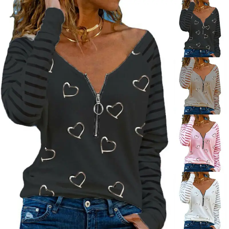 

Women's High Street V-neck Zip Long Sleeve Loose Fitted Shirt Tops Tee Summer Holiday Blouse Autumn Casual Tops