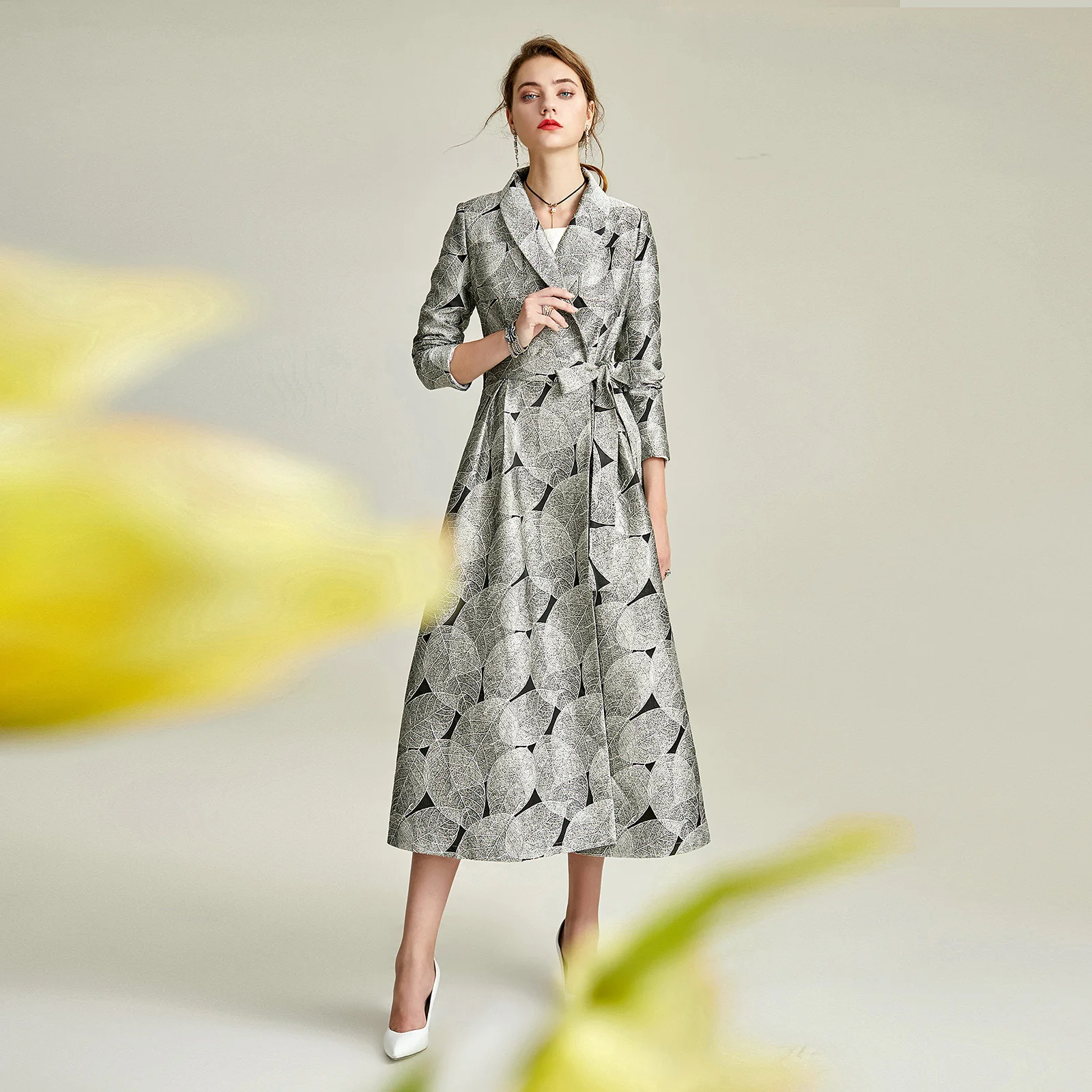 Женский жаккардовый Тренч с поясом элегантный облегающий длинный в европейском