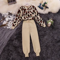 jmprs fashion knitted women two piece set suits leopard long sleeve sweater lace up harem pants korean female autumn outfits