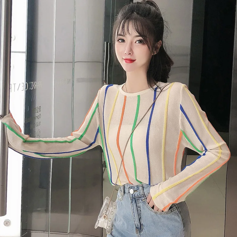 

Укороченный топ, женский удобный топ из вискозы, в радужную полоску, в Корейском стиле, футболка с длинным рукавом