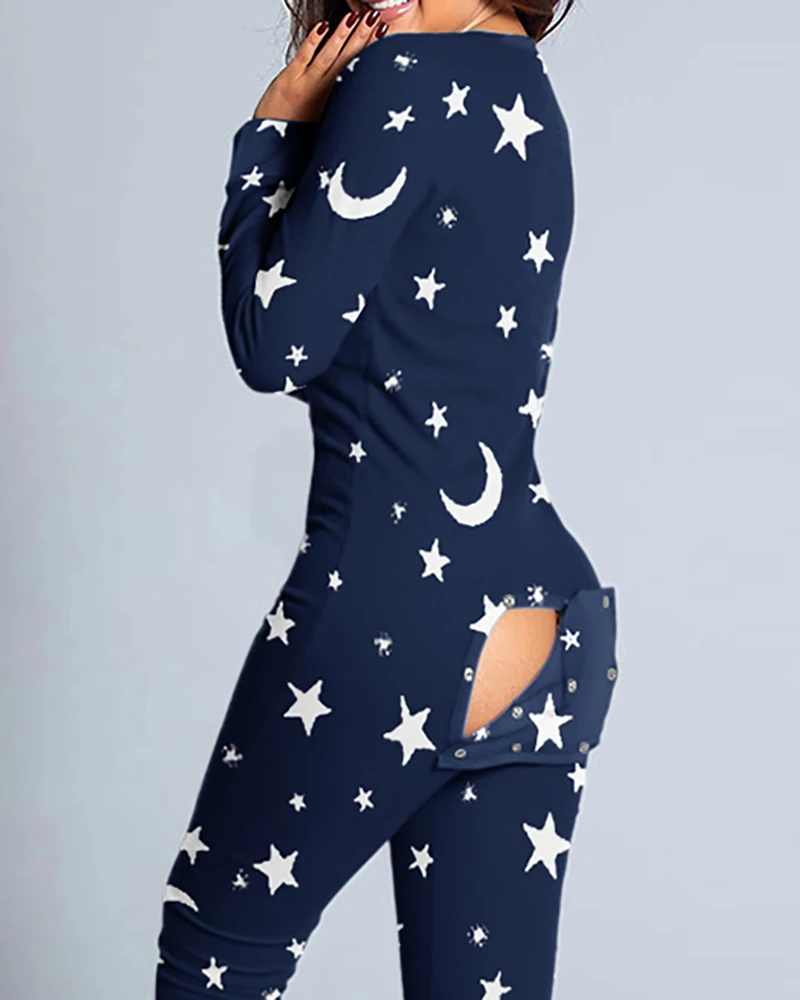 2020 Women Fashion Elegant Casual Star Moon Print Functional Buttoned Flap Adults Pajamas