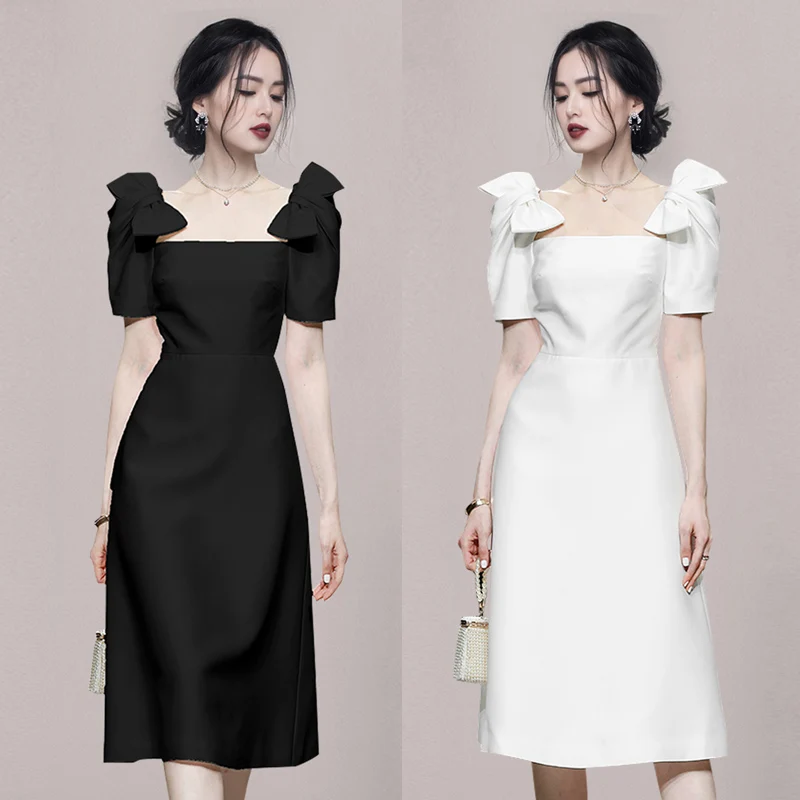 

Korean Fashion Summer Women's Long Dress Vintage Short Sleeve Bow Square Collar High Waist Female A-line Midi Dresses Elegant