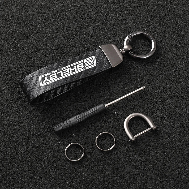 High-Grade Carbon Fiber Leather Car KeyChain Horseshoe Key Rings for Ford Mustang SHELBY Mondeo MK GT 350 500 Cobra Focus car