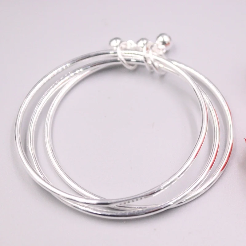 

New Fine Pure S925 Sterling Silver Bangle Women 6mm Three Smooth Bell Bracelet 60mm 31-32g