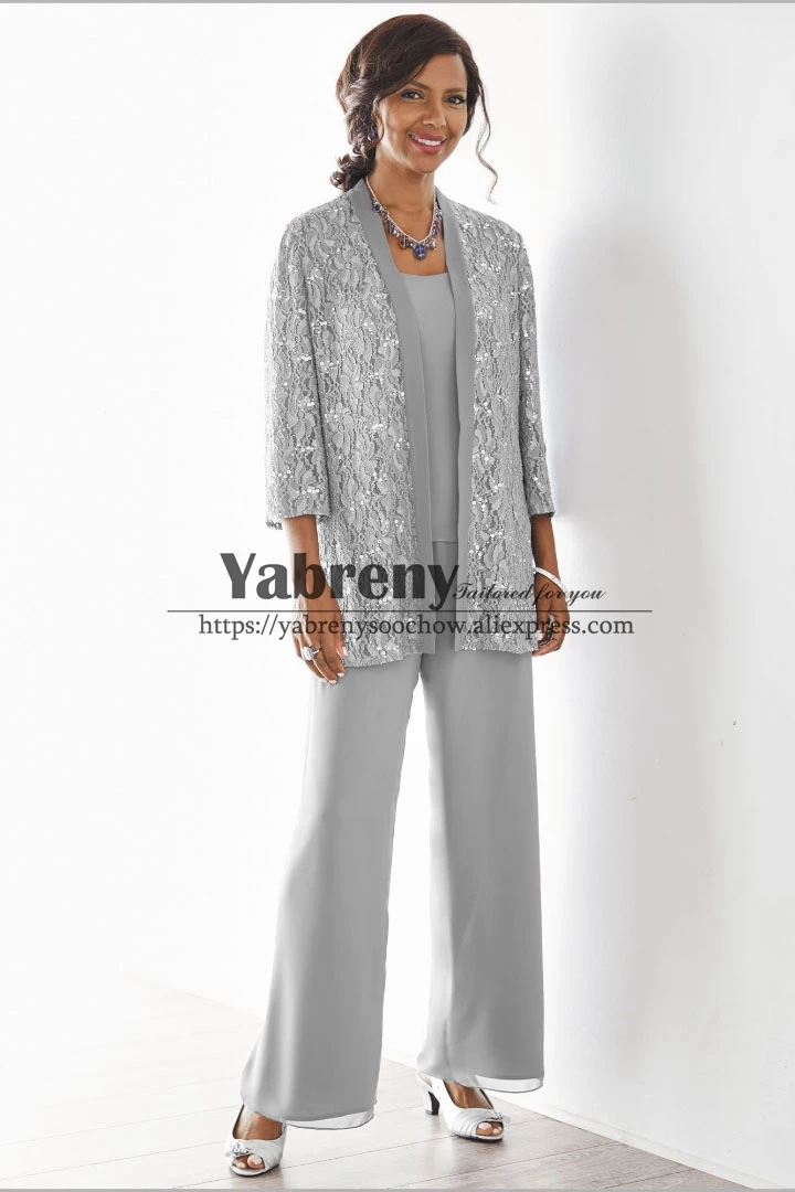 

Elegant Sky blue Mother of the bride pant suits with jacket 3PC pants outfit
