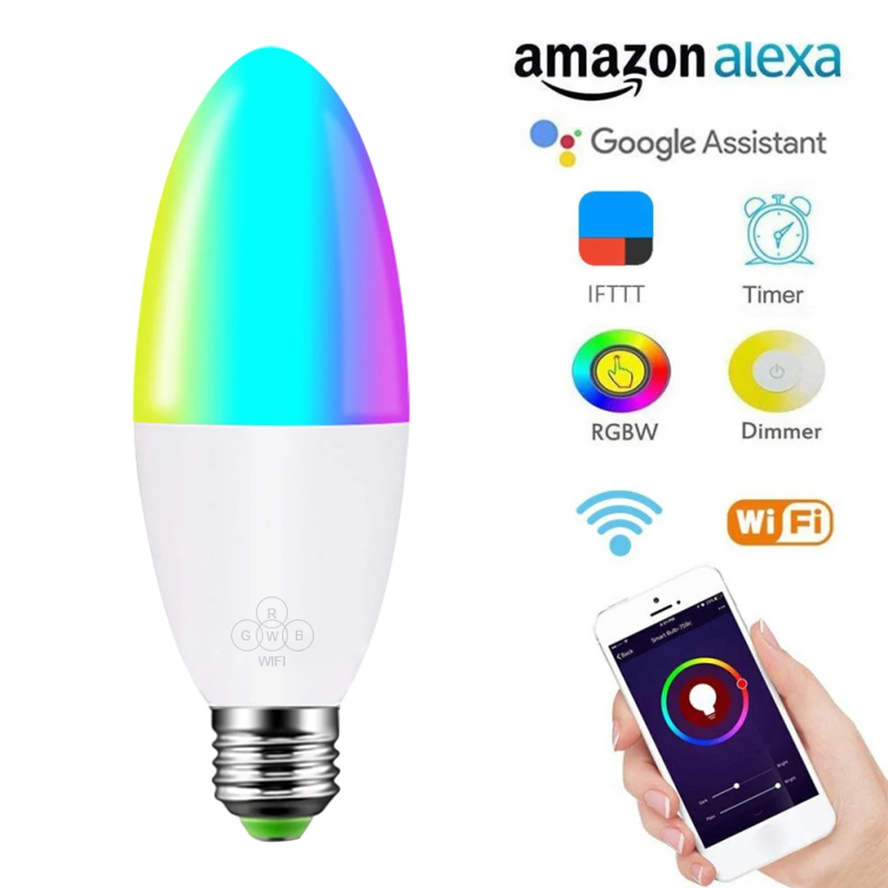 

New E14/E10/E27/B22 WiFi Smart LED Light Bulbs 6W RGBW Dimmable Candle Lamp Voice Remote App Control work with Alexa Google Home