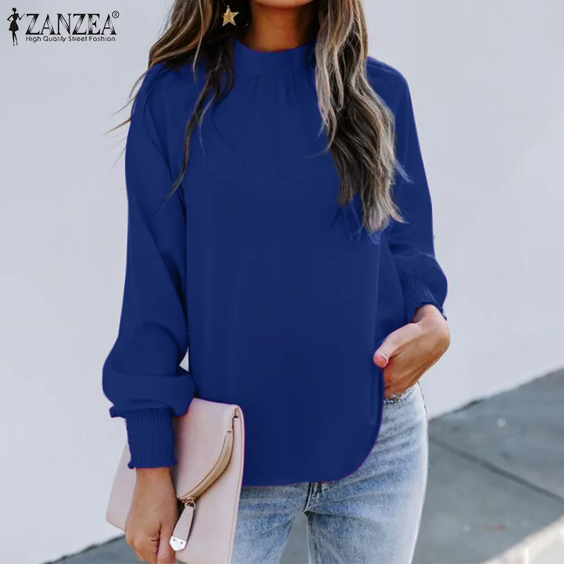 

ZANZEA Elegant Smocking Chemise Female OL O Neck Tunic Top Stylish Solid Long Puff Sleeve Blouse Women Casual Loose Office Shirt