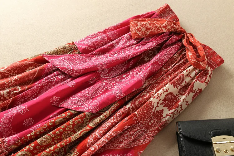 Хлопок 100% Boho Стиль принтом Лоскутная юбка миди Особенности талии с