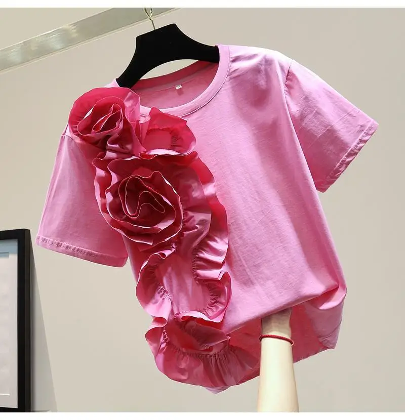 

Повседневная футболка с трехмерным украшением, женская летняя Трикотажная хлопковая футболка с коротким рукавом, женский черный белый корейский топ, 2021