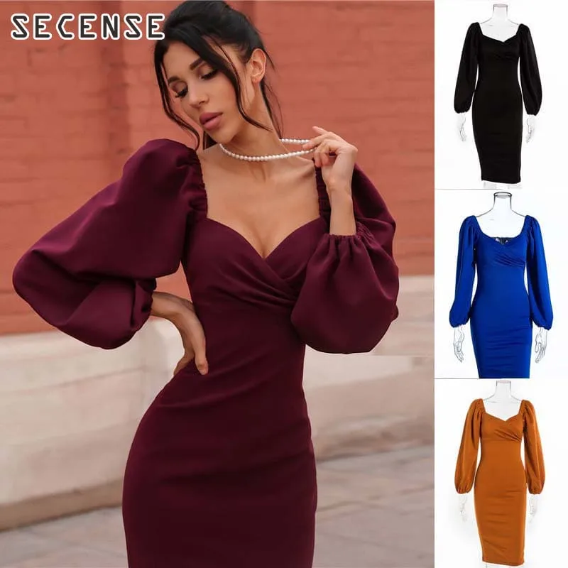 

Women's Dresses Sexy Deep V-Neck Off Shoulder Puff Sleeve Midi Dress Lantern Sleeve Bodycon Party Night Club Elegant Vintage