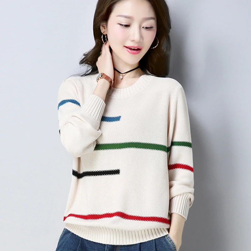 

Свитер женский полосатый с круглым вырезом и длинным рукавом, на осень/зиму