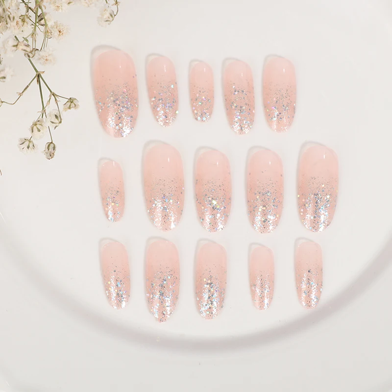 

24 Pieces Of Pink Glittering False Nails, Finger Pressing Nail Decoration With Glue, Suitable For Sweet Wedding Bride, Party, D