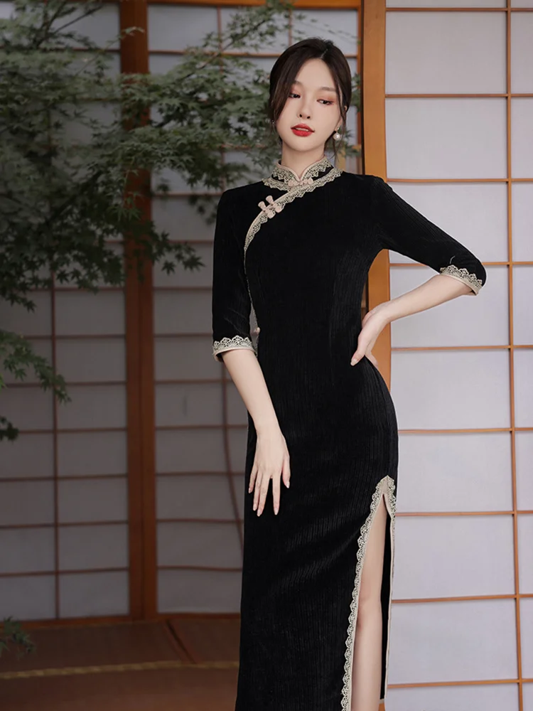 Женское черное платье в винтажном стиле традиционное китайское Ципао с коротким