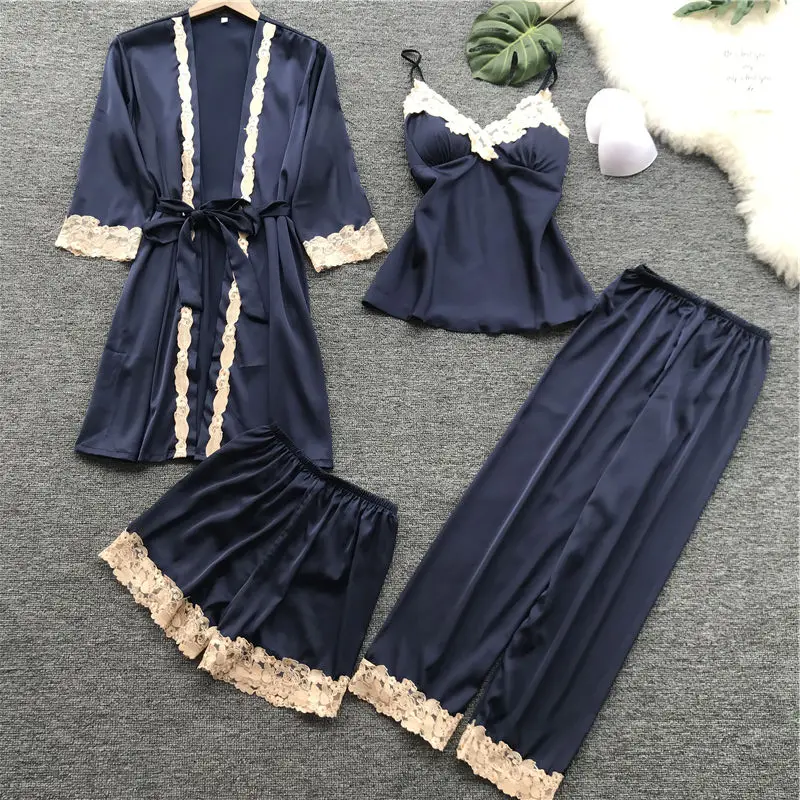 Женская одежда для сна сексуальные пижамы набор из четырех предметов шелковая