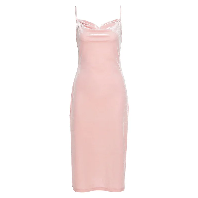 

sweet pink velvet strappy bandaged backless side slit long dress
