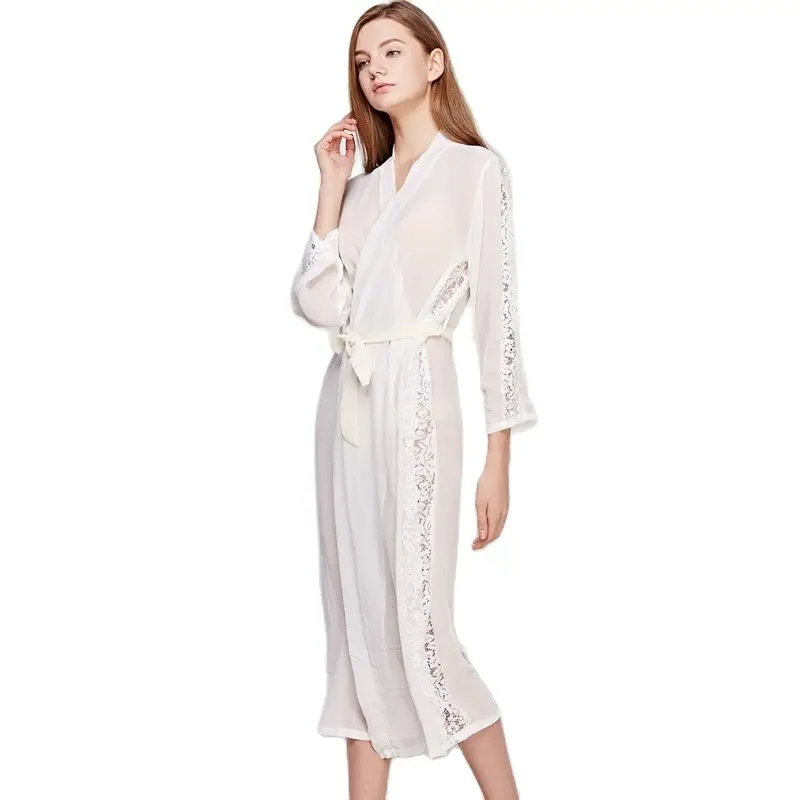 Женские шелковые спальные халаты с длинным рукавом пижамы из искусственного