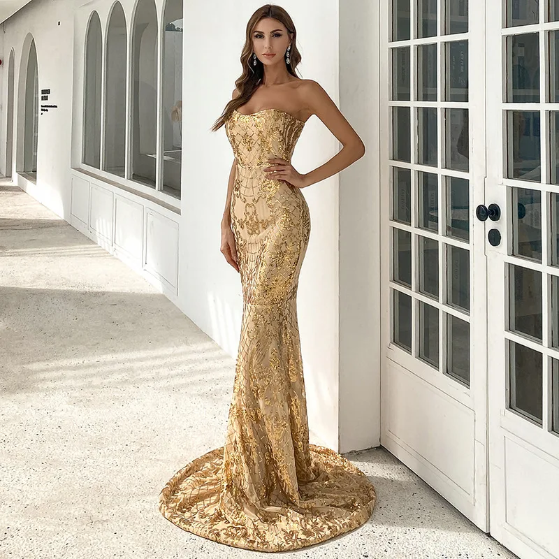 Ladies Mermaid Dress Dress Wrapped Chest One Shoulder Golden Mid-waist Palace Style Shawl Sleeve Slim Forged Evening Gown