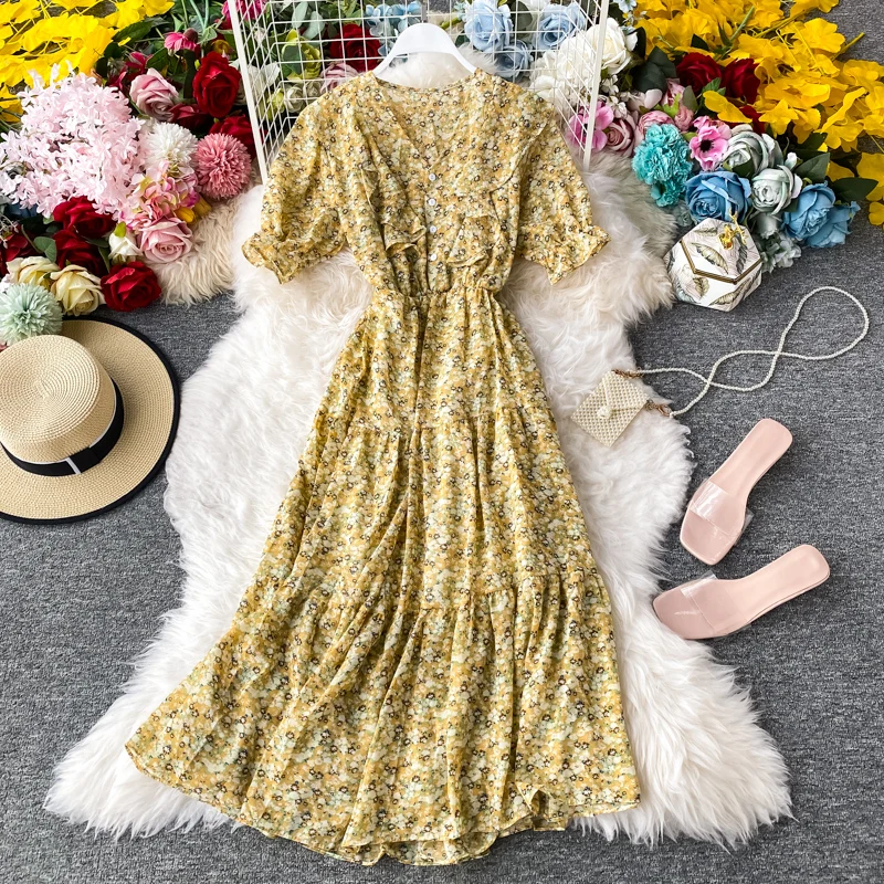 HISUMA женское шифоновое платье-трапеция с v-образным вырезом цветочным принтом