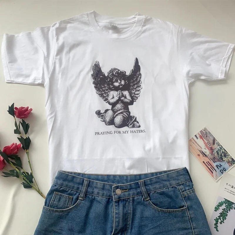 

VIP HJN Playing for My Hearts Angel Kiss Painting Women Tumblr Fashion Cute T-Shirt Summer Casual Short Sleeves Printed Tee