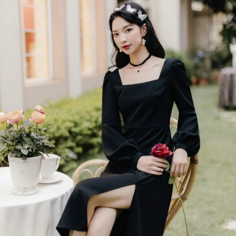 

Винтажное Черное женское платье с Боковым Разрезом, длинным рукавом и высокой талией, облегающее повседневное шифоновое мини-платье с квад...