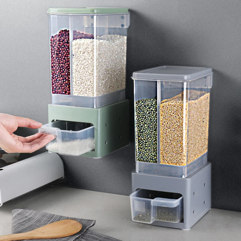 

Wall Mounted Cereal Dispenser Moisture Proof Sealed Food Storage Box Rice Grain Storage Container Rice Bucket Kitchen Organizer