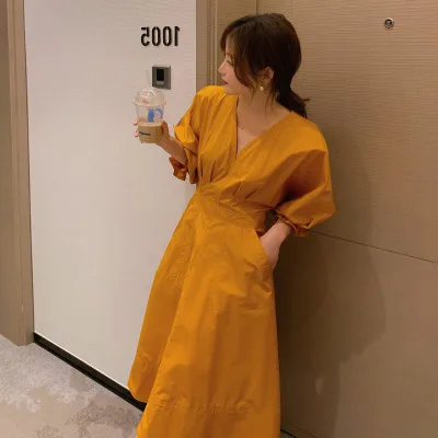 

Summer 2020 New Women's Solid V-Neck Pocket Fashionable Bubble Sleeve A-Line Mid Length Women Dress