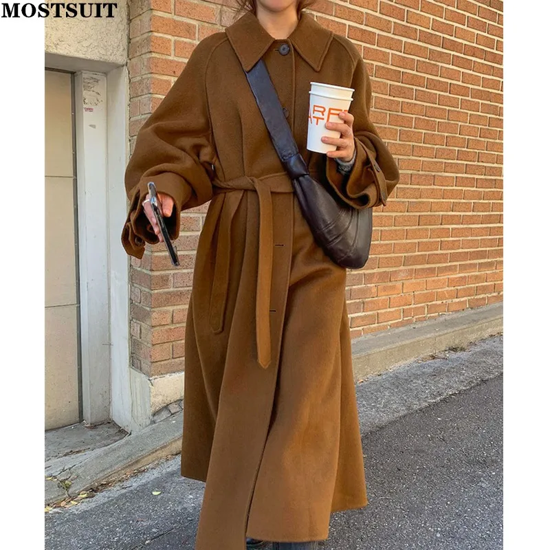 

Winter Wool & Blends Long Outwear Coat Women Full Sleeve Single-breasted Belted Overcoat Loose Vintage Fashion Ladies Coats