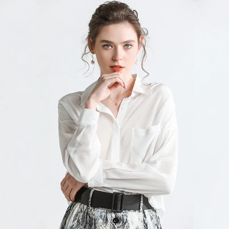 

2021 Spring and Summer new silk shirt women's LIGHT LUXURY Mulberry silk solid simple long sleeve women shirt 19902