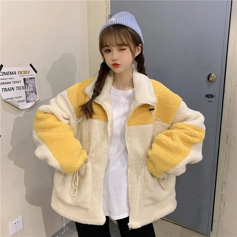 

Kawai Autumn Winter Korean Style Velvet Tops Oversize Sweatshirt Lambswool Zip-up Clothes Women Hoodie