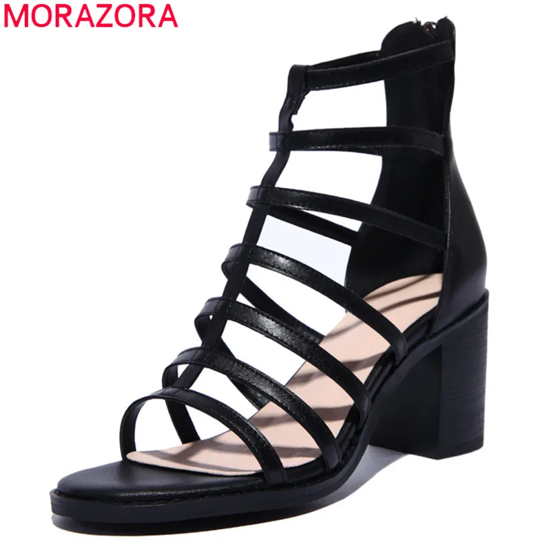 Женские босоножки из натуральной кожи MORAZORA черные на толстом высоком каблуке