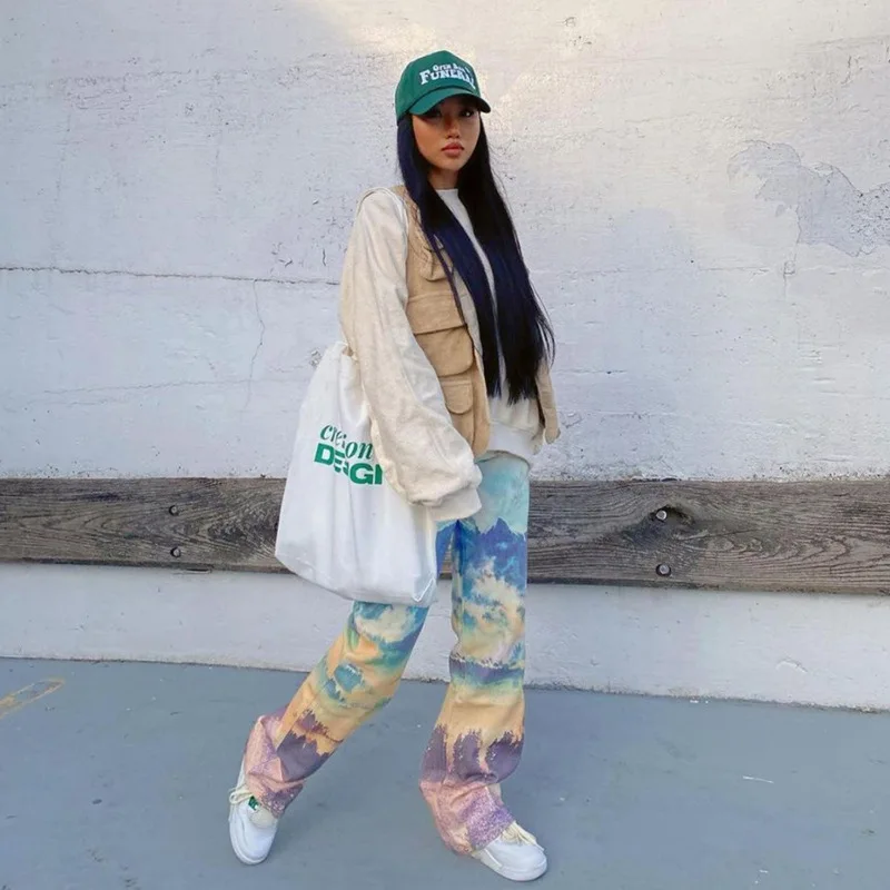 

Watercolor Tie Dye Straight Leg Pants 2021 New Trendy Bottoms for Women Athleisure High Waisted Trousers