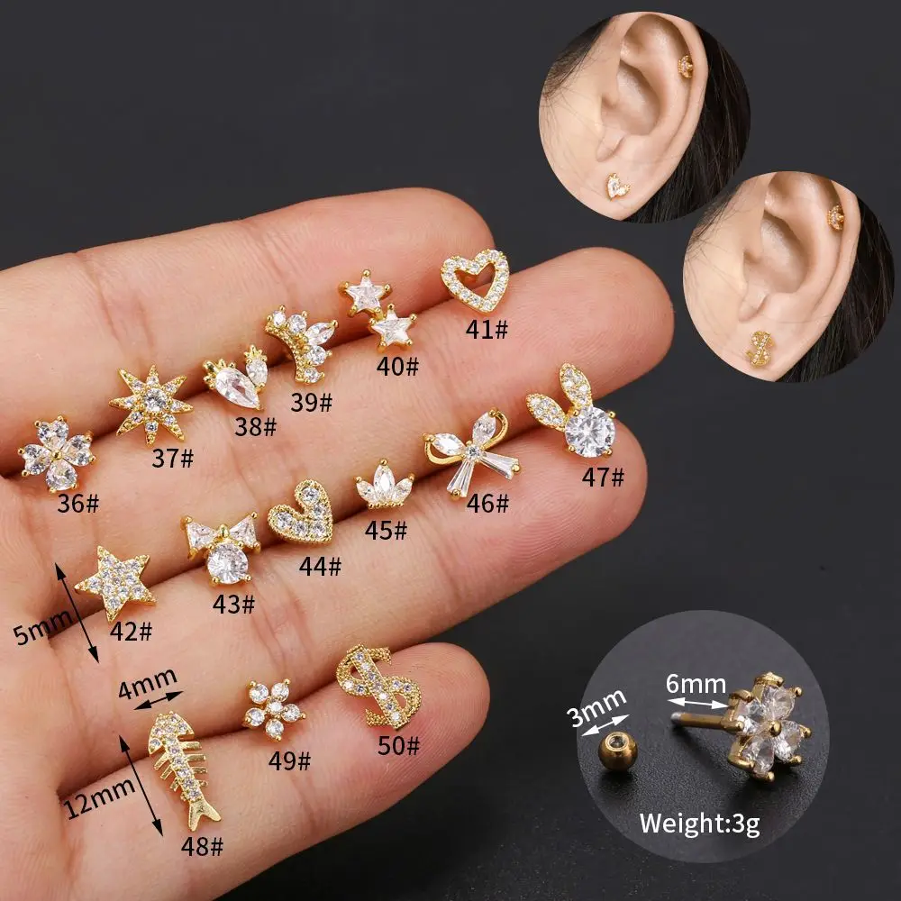 1PC 18G Korea Style CZ Star Heart Bow Tragus Cartilag Lobe Earrings Barbell Ear Stud Helix Piercing Jewelry