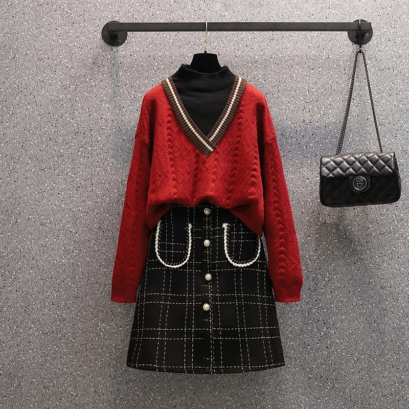 

Plus Size Women Winter Two Piece Set 4XL Vintage Long Sleeve Fake Two Piece Knitted Patchwork Sweater And Tweed Skirts Sets