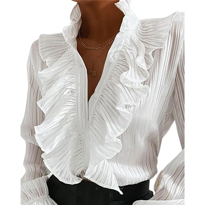 

ThornTree Shirts 2020 New Autumn Winter Ruffles Deep V-neck Blouse Women Long Flare Sleeve V-neck Button Up Office Lady Blouses