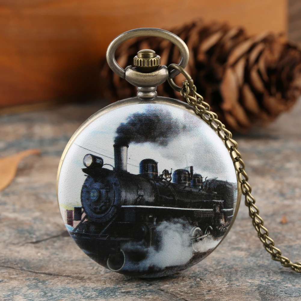Fashion Train Design Case Quartz Pocket Watch with Gift Box Exquisite Pendant Necklace Chain Gift Sets for Family