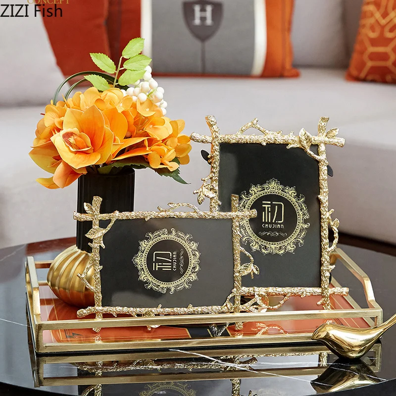 

European Style Glass Photo Frame Rectangle 6/7 Inch Bedroom Bedside Table Decoration Alloy Branch Photo Frame Home Decoration