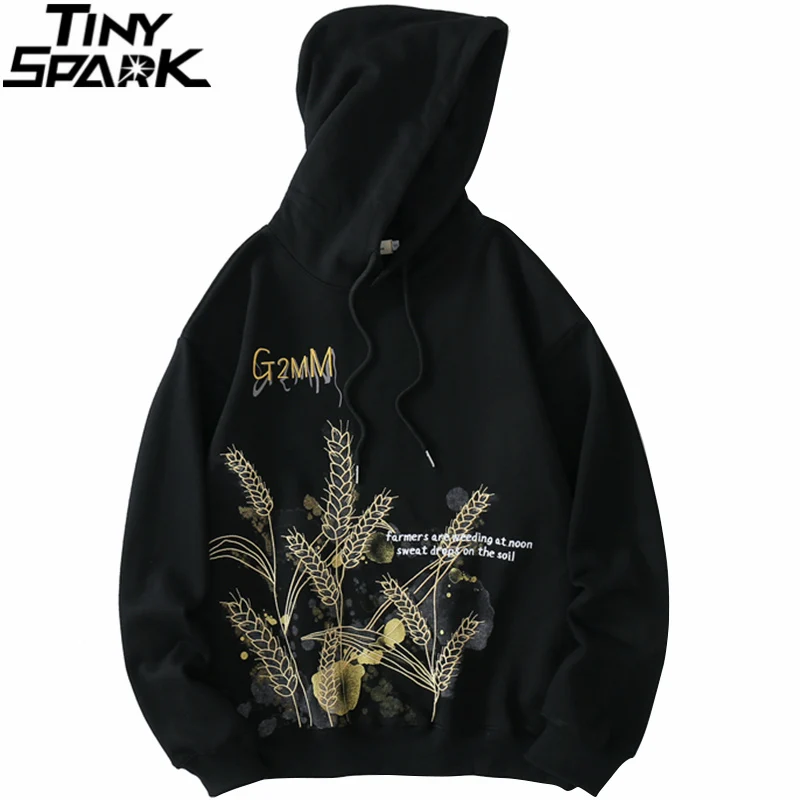 

Hip Hop Hoodie Streetwear Sweatshirt 2021 Men Embroidery Ears Of Wheat Letter Hooded Sweatshirt Harajuku Cotton Pullover Autumn