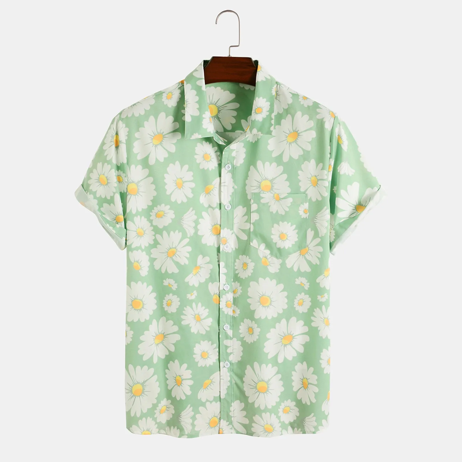 

Men Floral Hawaiian Shirts Daisy Short Sleeve Button Turndown Collar Beach Wear Aloha Shirt Loose Fresh Green Tops Chemise Homme