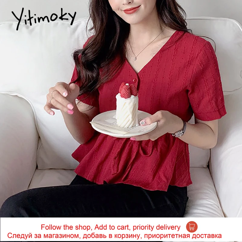 

Yitimoky Embroidery Button Up Shirt Women Blouses Plus Size Fashion Clothing Lace Up Tops V-Neck Casual Shirts Summer 2021