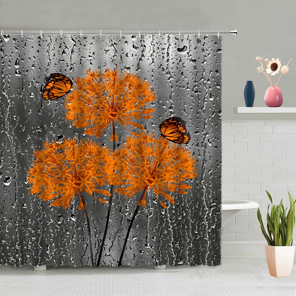 

Bathroom Accessories Color Flowers Butterfly Dragonfly Background Pattern Partition Screen Waterproof Polyester Fabric With Hook