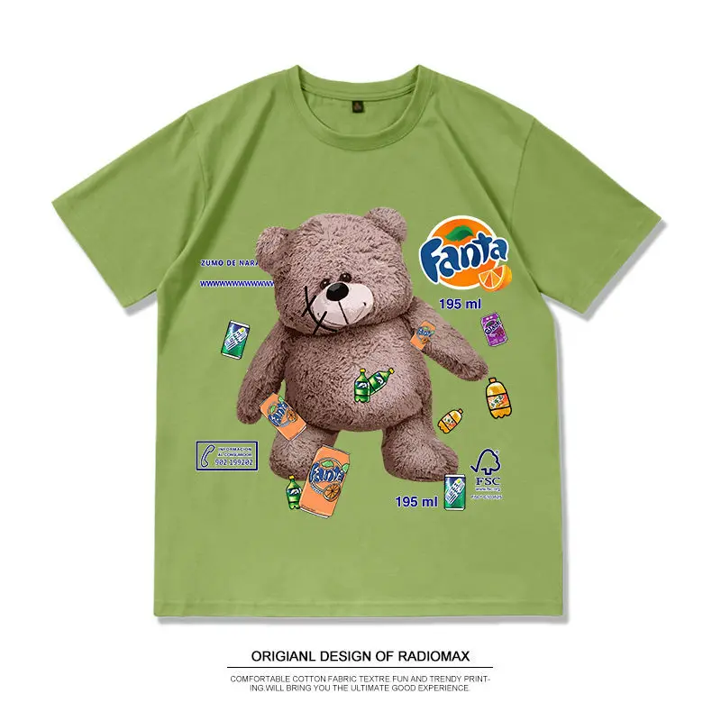 

High Quality Fashion Cartoon Bear Print Tees Large Size Short Sleeved Loose Lover's T-shirt Women & Man 100% Cotton