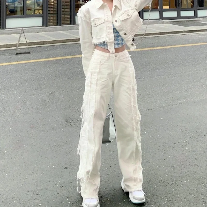

2021 Women's Jeans Raw trim White High Waist Straight Leg wide leg jeans y2k baggy wide leg jeans White jeans jeans for women
