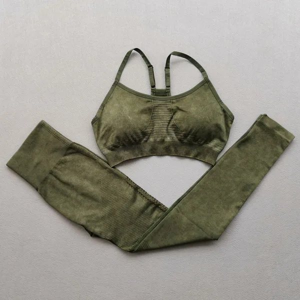 Army green 2Pcs set Бесшовный комплект для йоги, женская одежда для фитнеса, спортивный бюстгальтер с высокой талией, леггинсы для спортзала, женские спортивные костюмы из 2 предметов - Цвет: Army green 2Pcs set
