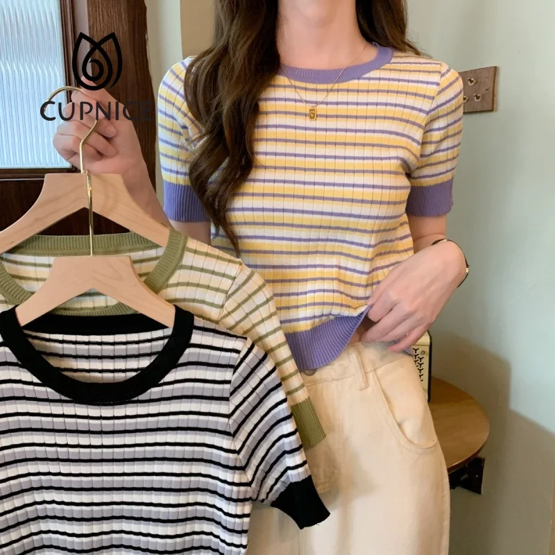 

Женский трикотажный свитер в полоску, с круглым вырезом и коротким рукавом